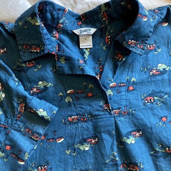 Duluth Trading Co Womens L Lightweight Printmaker Popover Blue Camper RV Organic - Picture 3 of 14